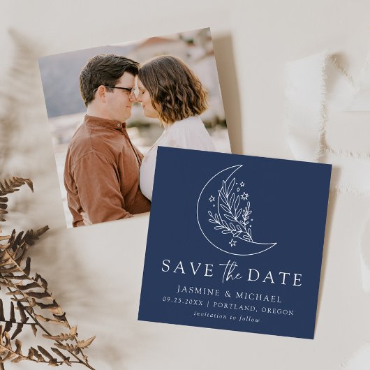 Elegante Botanische Maan en Sterren Marine Bruilof Save The Date