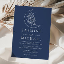 Elegante botanische maan en sterren marineblauwe t