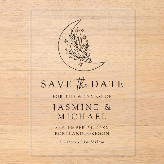 Elegante botanische maan en sterren redden de datu acryl uitnodigingen (Voorkant)
