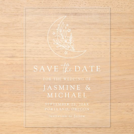 Elegante botanische maan en sterren redden de datu acryl uitnodigingen (Voorkant)