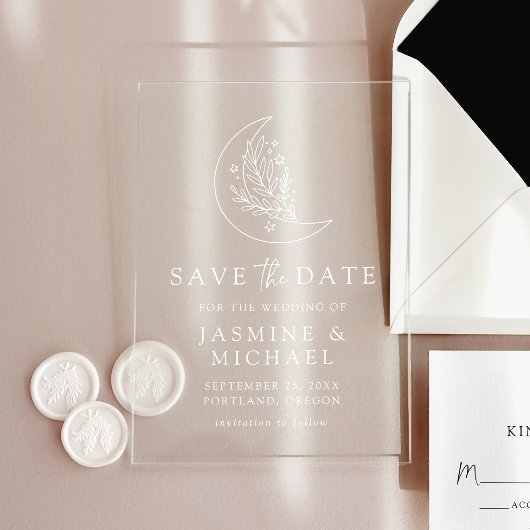 Elegante botanische maan en sterren redden de datu acryl uitnodigingen