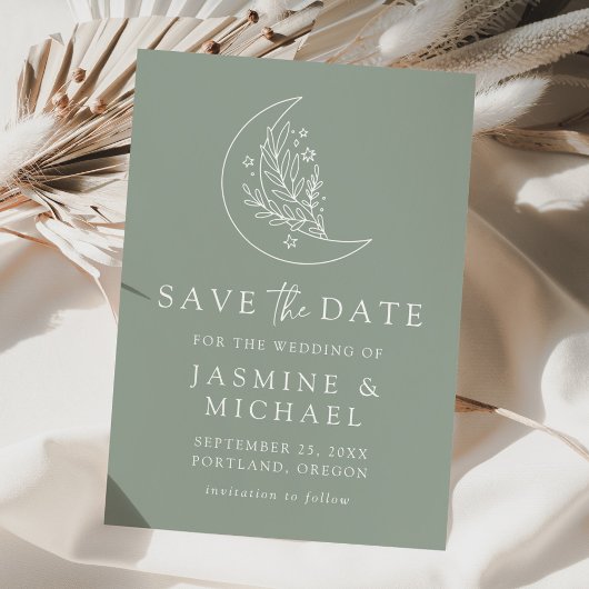 Elegante botanische maan en sterren Sage Green Save The Date