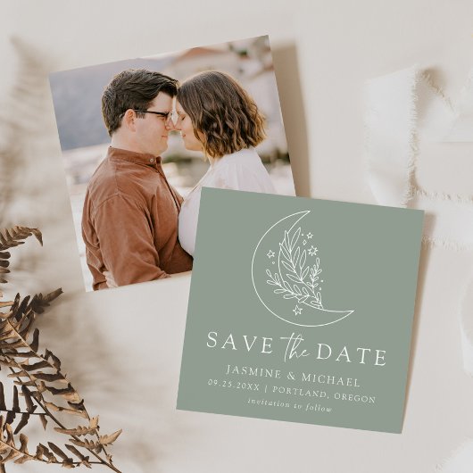 Elegante botanische maan en sterren Sage Green Save The Date