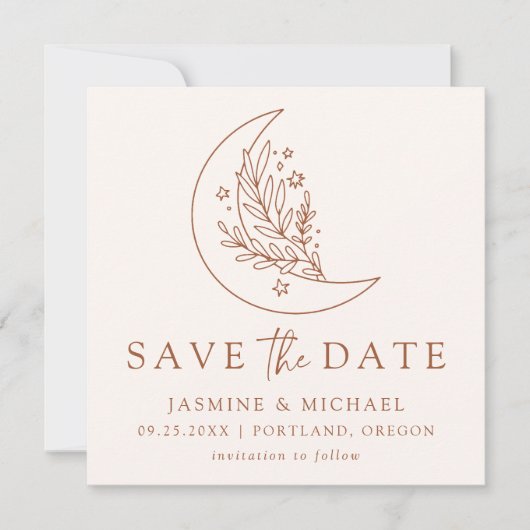 Elegante Botanische Maan en Sterren Terracotta Save The Date (Voorkant)