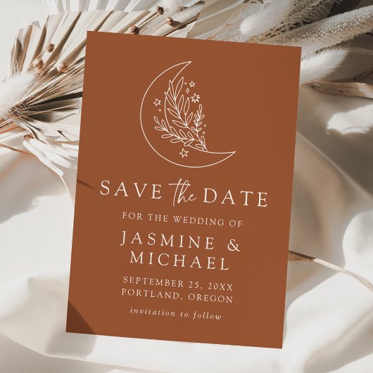 Elegante Botanische Maan en Sterren Terracotta Save The Date