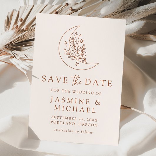 Elegante Botanische Maan en Sterren Terracotta Save The Date