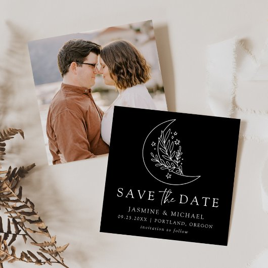 Elegante botanische maan en sterren zwart en wit save the date