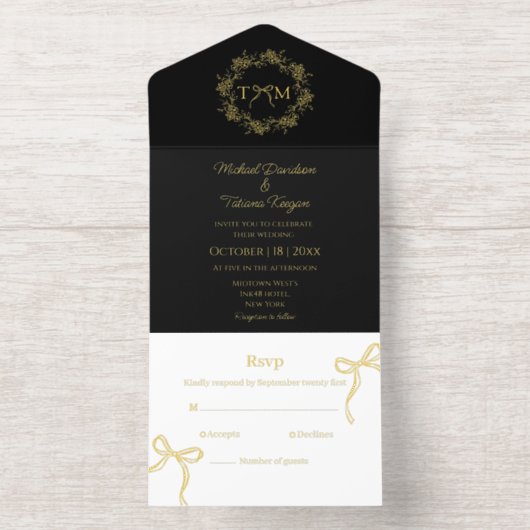 Elegante botanische monogram bogen bruiloft gouden all in one uitnodiging (Binnenkant)