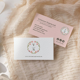 Elegante Botanische Monogram Crest Roze Groene Blo Visitekaartje