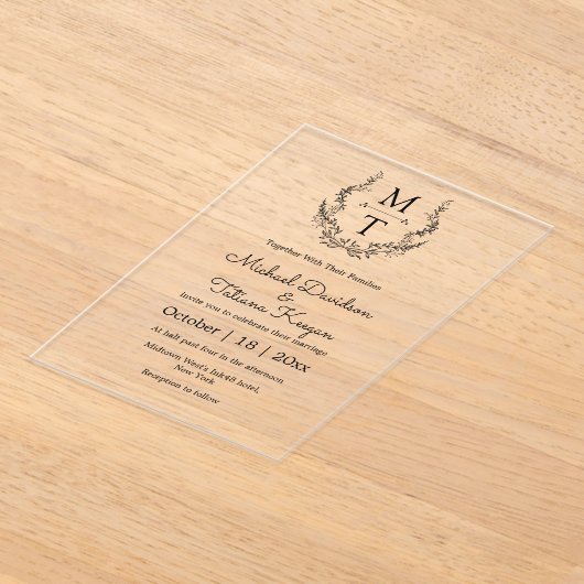Elegante botanische monogram initialen bruiloft acryl uitnodigingen (Laagn)