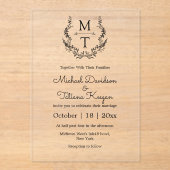 Elegante botanische monogram initialen bruiloft acryl uitnodigingen (Voorkant)