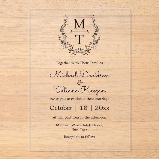 Elegante botanische monogram initialen bruiloft acryl uitnodigingen (Voorkant)