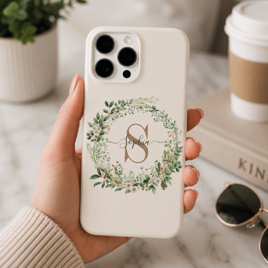 Elegante botanische monogram iPhone-hoes met naam Case-Mate iPhone Case