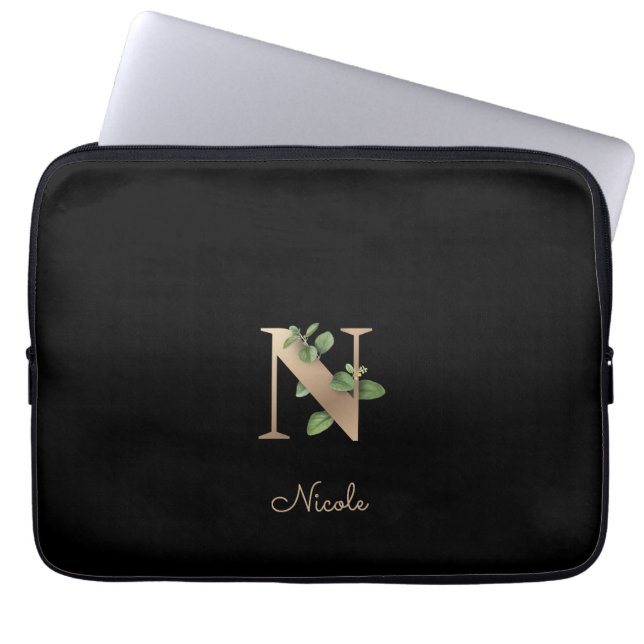 Elegante Botanische Monogram Letter N Laptop Sleev Laptop Sleeve (Voorkant)
