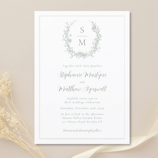 Elegante Botanische Monogram Sage Groene Bruiloft Kaart