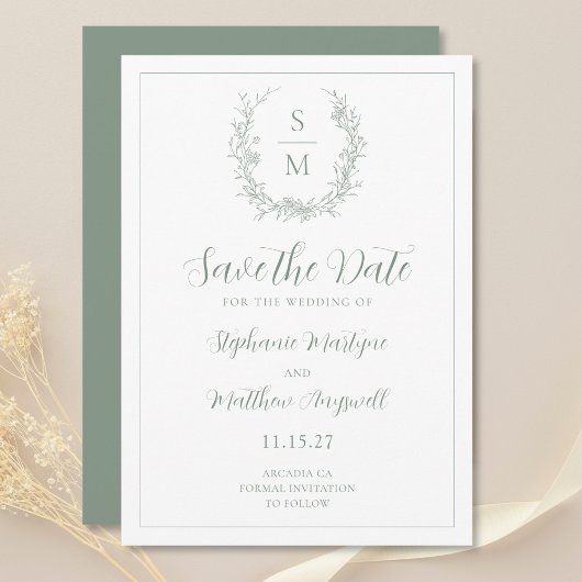 Elegante Botanische Monogram Sage Groene Bruiloft Save The Date