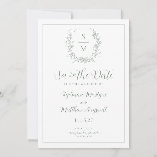 Elegante Botanische Monogram Sage Groene Bruiloft Save The Date (Voorkant)
