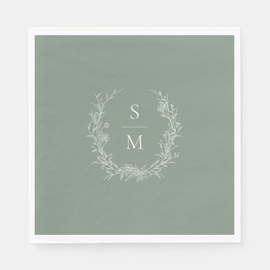 Elegante Botanische Monogram Sage Groene Bruiloft Servet (Voorkant)