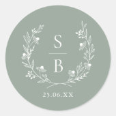 Elegante botanische monogramkrans bruiloft ronde sticker (Voorkant)
