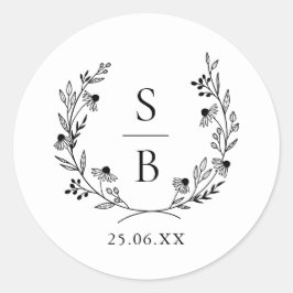 Elegante botanische monogramkrans bruiloft ronde sticker