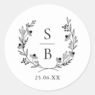 Elegante botanische monogramkrans bruiloft ronde sticker