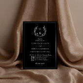 Elegante botanische monogramkrans zwarte bruiloft kaart