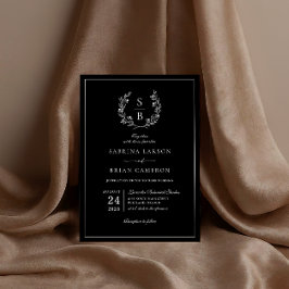 Elegante botanische monogramkrans zwarte bruiloft kaart