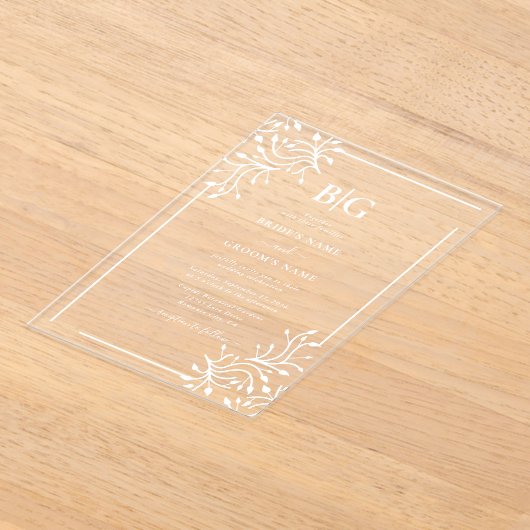 Elegante botanische monogrammen Clear Wedding Acryl Uitnodigingen (Laagn)