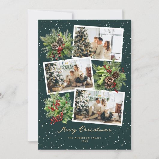 Elegante Botanische Multi Foto Vrolijk Kerstfeest Feestdagenkaart (Voorkant)