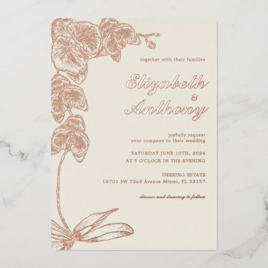 Elegante botanische orchidee echte Folie bruiloft Folie Uitnodiging (Voorkant)