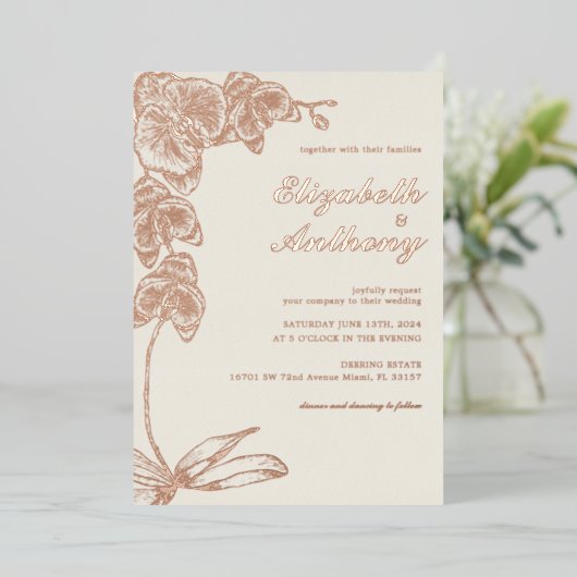 Elegante botanische orchidee echte Folie bruiloft Folie Uitnodiging (Staand Voorkant)