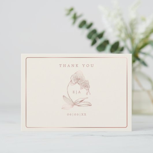 Elegante botanische orchidee monogram bruiloft bedankkaart (Staand voorkant)
