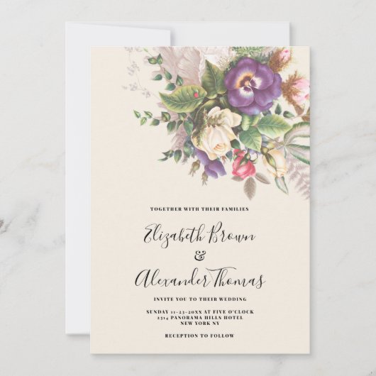 Elegante botanische paarse ivoor groene bloemenbru kaart (Voorkant)