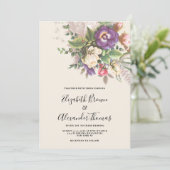 Elegante botanische paarse ivoor groene bloemenbru kaart (Staand voorkant)