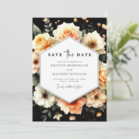 Elegante botanische perzik bruiloft save the date (Staand voorkant)