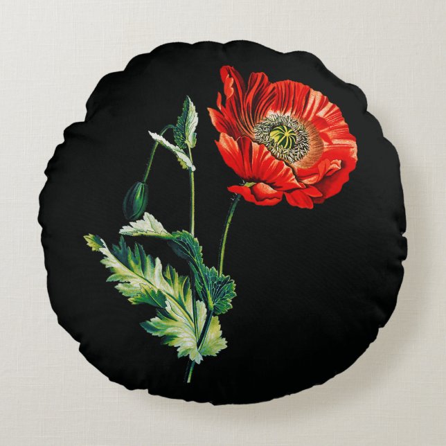 Elegante  Botanische Poppy Flower op zwart Rond Kussen (Voorkant)