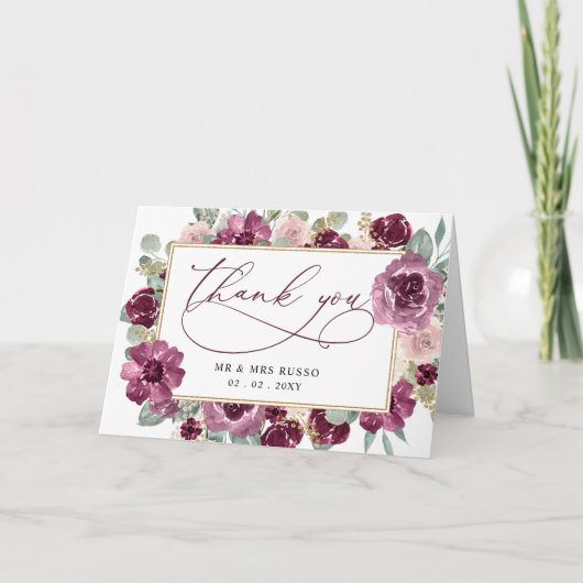 Elegante botanische pruim bloemenbruiloft bedankkaart (Voorkant)