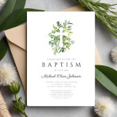 Elegante Botanische Religieuze Kruis Doop Kaart