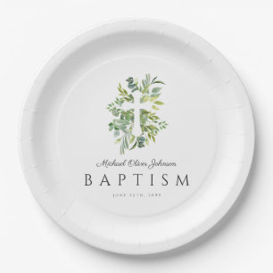 Elegante Botanische Religieuze Kruis Doop Papieren Bordje