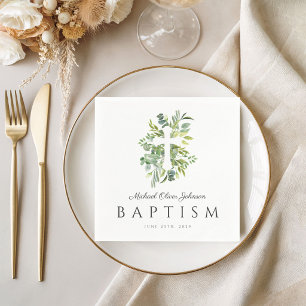 Elegante Botanische Religieuze Kruis Doop Servet