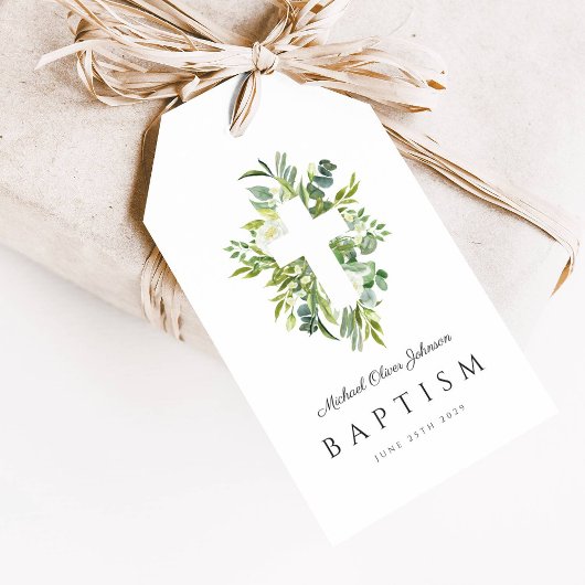 Elegante botanische religieuze kruisdoop cadeaulabel