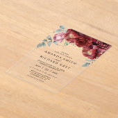 Elegante botanische rode en gouden bloemenbruiloft acryl uitnodigingen (Laagn)