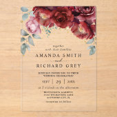 Elegante botanische rode en gouden bloemenbruiloft acryl uitnodigingen (Voorkant)