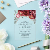 Elegante botanische rode en gouden bloemenbruiloft acryl uitnodigingen (Insitu (Huwelijk))