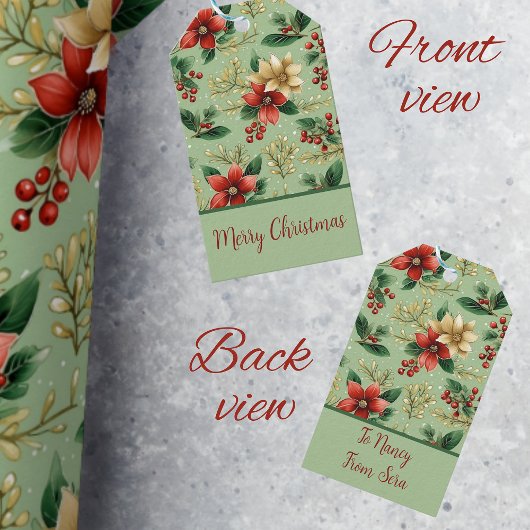 Elegante Botanische Rode en Groene Poinsettia Cadeaulabel