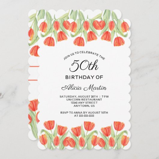 Elegante Botanische Rode Tulp 50ste Verjaardag Kaart (Voorkant / Achterkant)