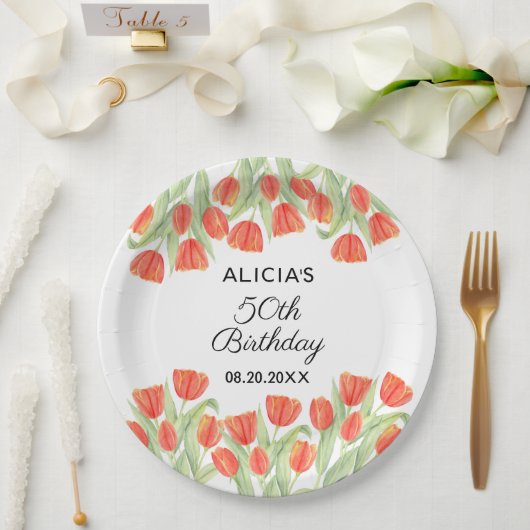Elegante Botanische Rode Tulp 50ste Verjaardag Papieren Bordje (Huwelijk)