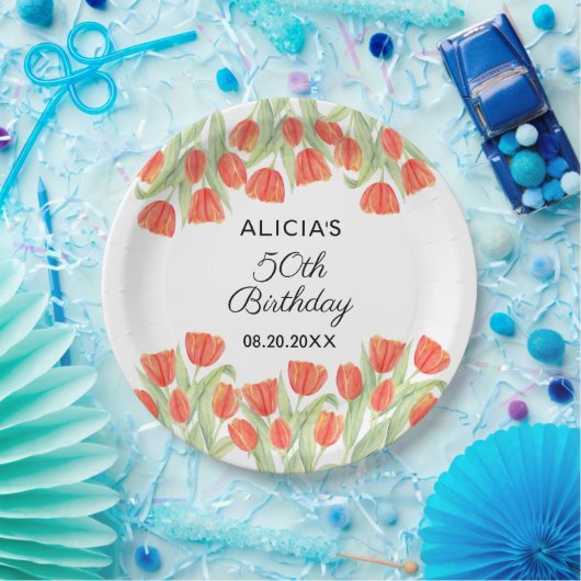 Elegante Botanische Rode Tulp 50ste Verjaardag Papieren Bordje (Feest)