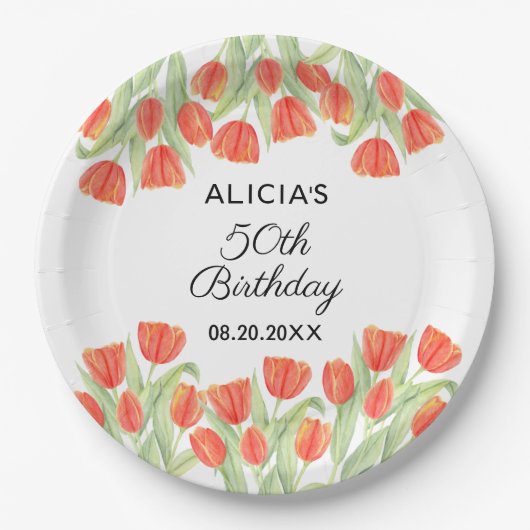Elegante Botanische Rode Tulp 50ste Verjaardag Papieren Bordje (Voorkant)