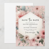 Elegante botanische roze bloemen bruiloft save the date (Voorkant / Achterkant)